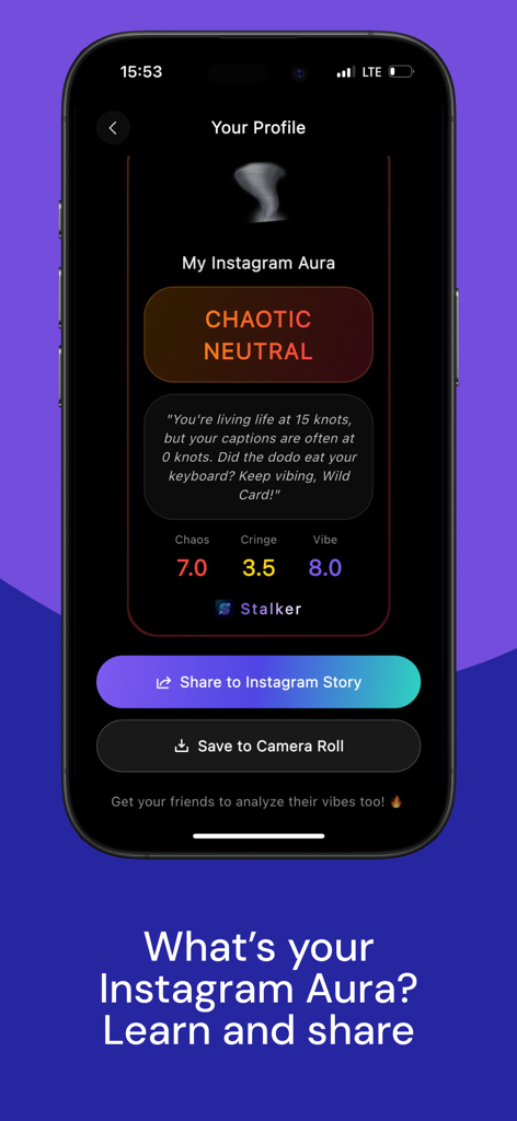 Uma tela de aplicativo móvel mostrando o resultado da análise de aura de um perfil do Instagram como Caótico Neutro com pontuações de 'caos', 'vergonha' e 'vibe'.