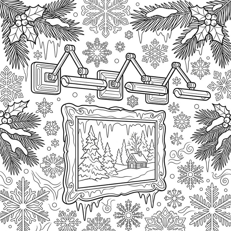 Step into a charming winter scene where art meets festive warmth. This delightful coloring page features elegant picture lights illuminating a serene snowy landscape, surrounded by intricate snowflakes and holiday greenery.