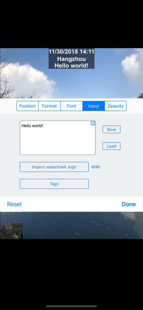 Interface for adding custom text and watermark logos in Timestamp Camera Pro