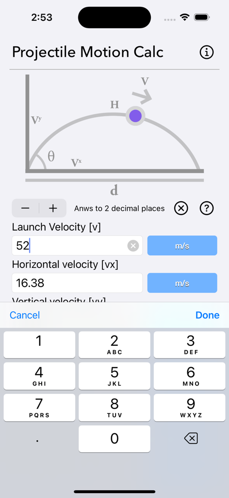 Projectile Motion Calc - Interface of the Projectile Motion Calc app showing physics trajectory diagram and velocity input fields