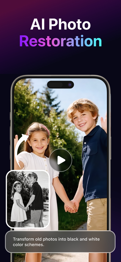 LitVideo: AI Video Generator - AI photo restoration feature in the LitVideo app colorizing a black and white image of two children