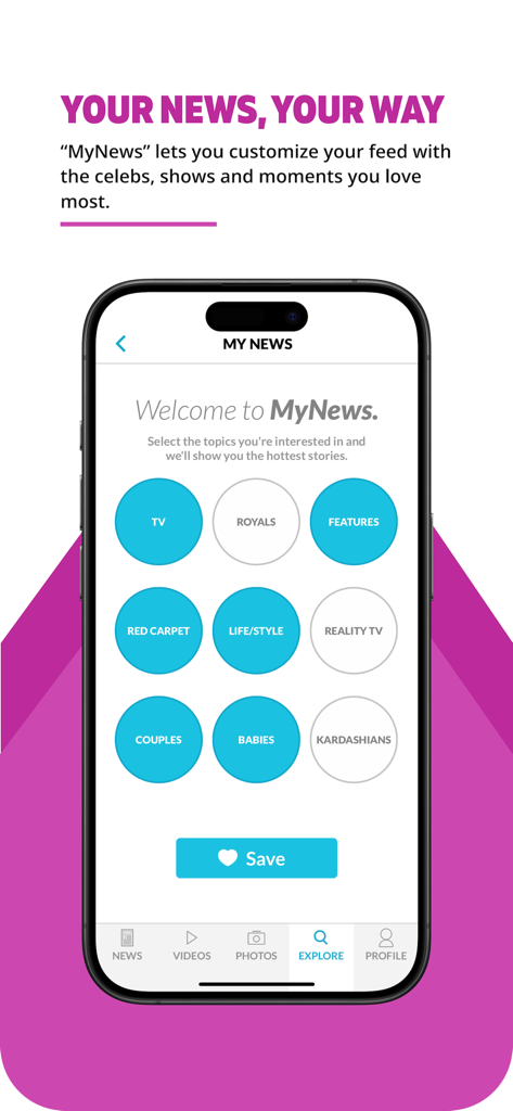 E! Newsアプリのパーソナライズされたフィード設定画面。リアリティTVやレッドカーペットなどのセレブリティやエンターテイメントニュースのトピックを選択可能。