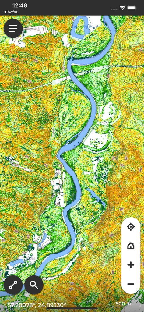 LVM GEO Mobile - LVM GEO Mobile app screen displaying a topographic map with a river and vegetation density data