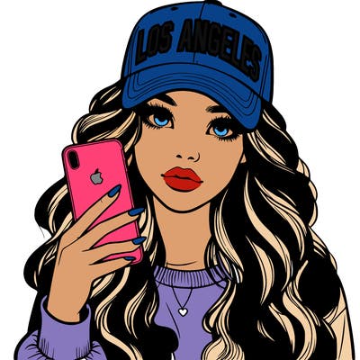 realistic beautiful girl wearing los ángeles cap holding an iphone