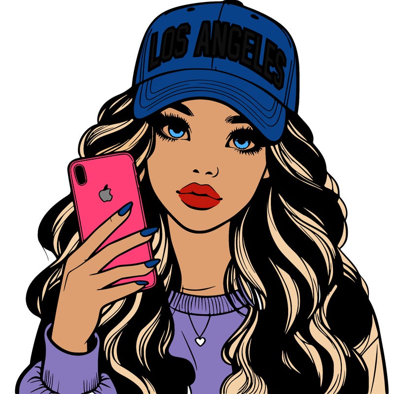 realistic beautiful girl wearing los ángeles cap holding an iphone