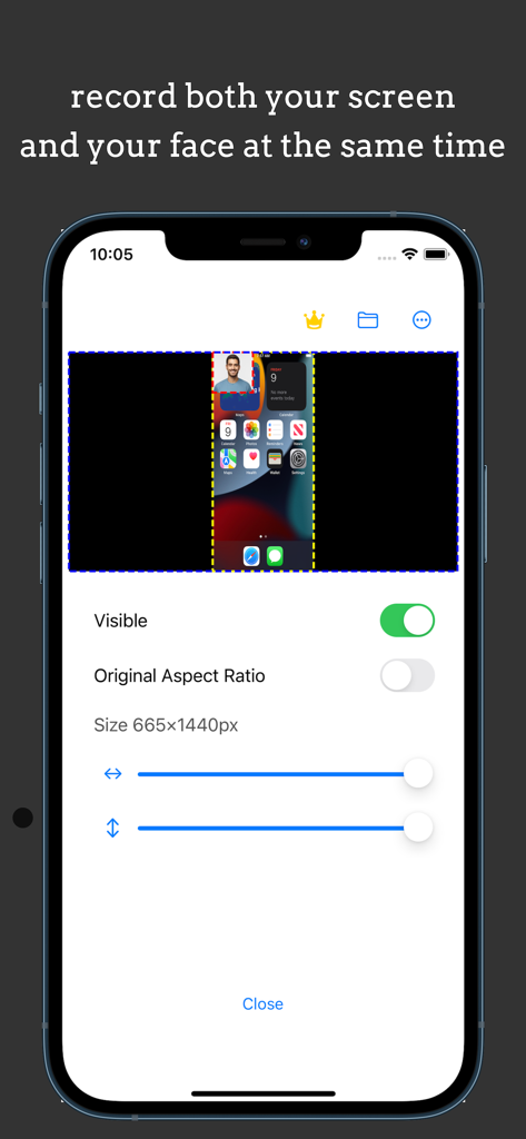 Live Recorder -Screen Recorder - Mobile App-Oberfläche, die gleichzeitige Bildschirm- und Facecam-Aufnahmeneinstellungen für Content-Ersteller zeigt