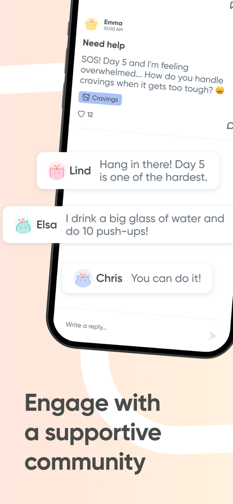 A smartphone showing the Kwit app community where users provide support and advice for quitting smoking