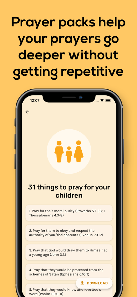 PrayerMate - Christian Prayer - A mobile app interface displaying a prayer pack with 31 topics to pray for children, featuring biblical references and a download button.