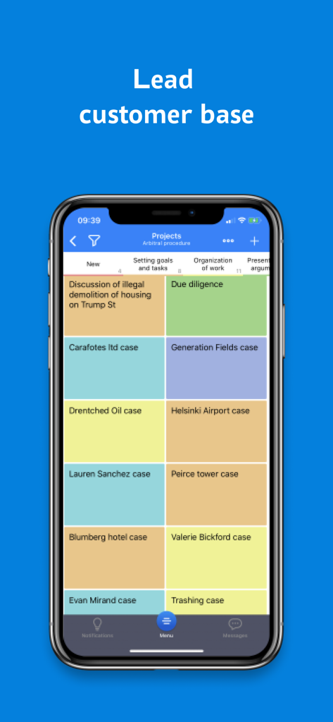 SmartyCRM. Task tracker - SmartyCRM mobile app displaying a lead customer base with a color coded tiled project interface