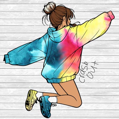 realistic girl jumping with a bun and oversized sweatshirt