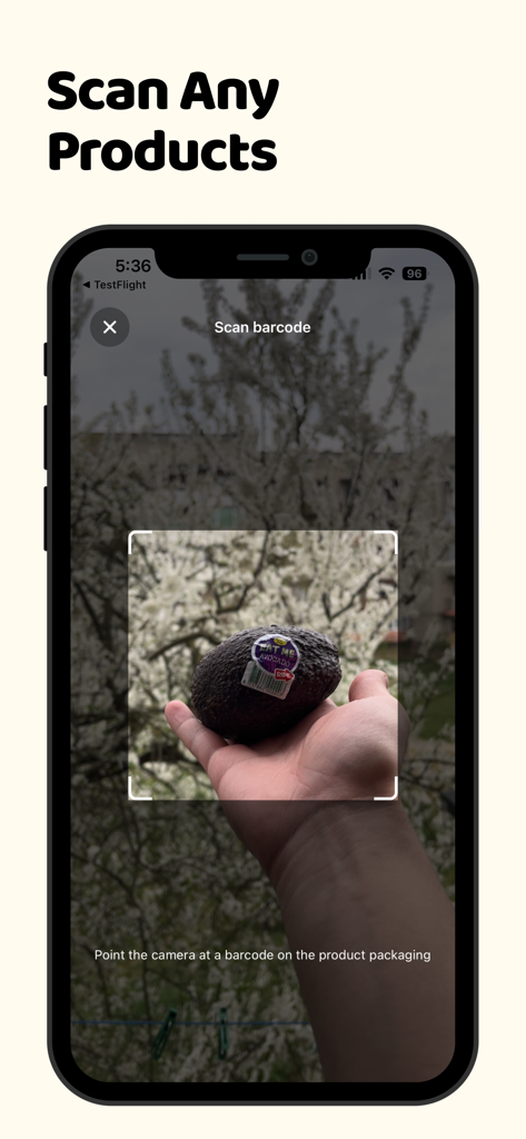 Calorie Tracker AI Food Coach - Smartphone screen showing the ViCal app barcode scanner feature for quick food logging
