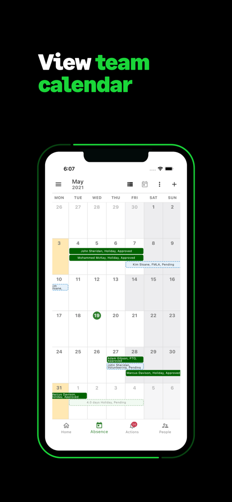 Sage People - Sage People Mobile App zeigt einen Teamkalender mit Urlaubsanträgen und Abwesenheiten von Mitarbeitern an