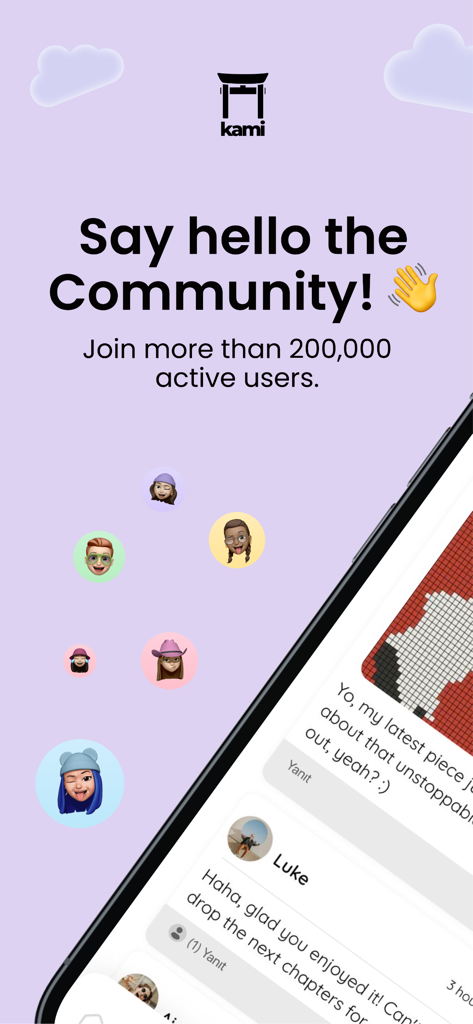 Kami app community screen showing user avatars and social interaction interface with over 200,000 users