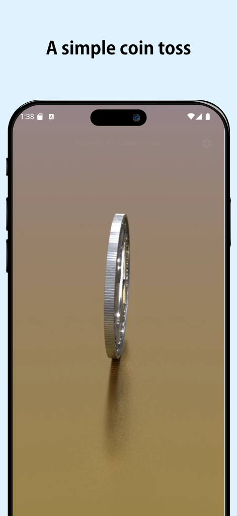 Una moneda de plata 3D girando de lado en la aplicación móvil Coin Toss.
