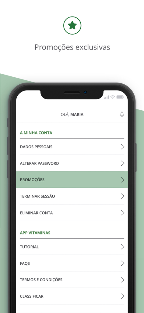 Vitaminas - Interface de definições de conta de utilizador e menu de promoções da aplicação móvel Vitaminas