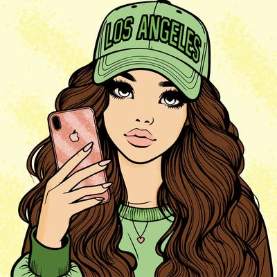 realistic beautiful girl wearing los ángeles cap holding an iphone