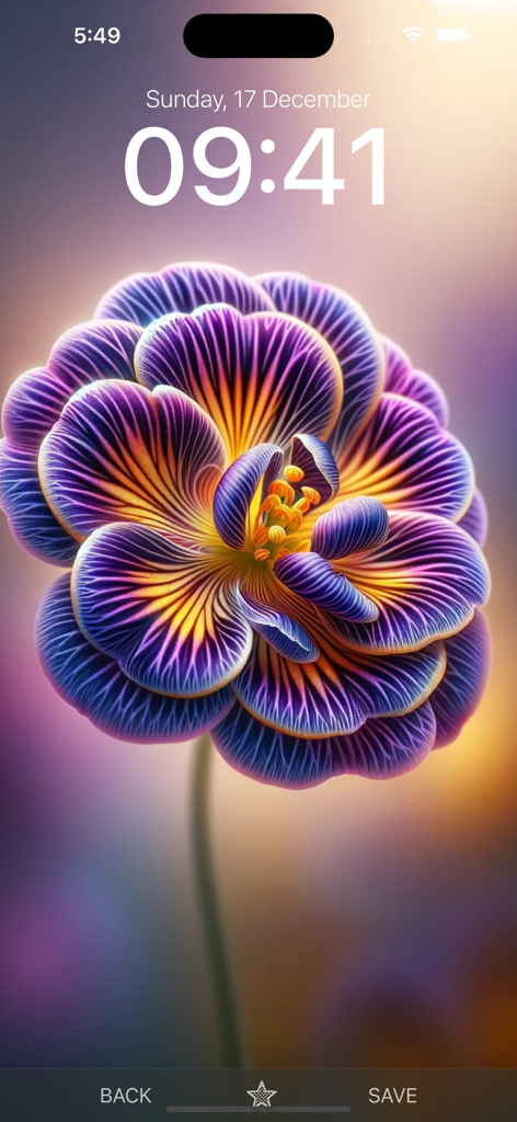 Sfondo floreale stilizzato viola e giallo vibrante su una schermata di blocco iPhone