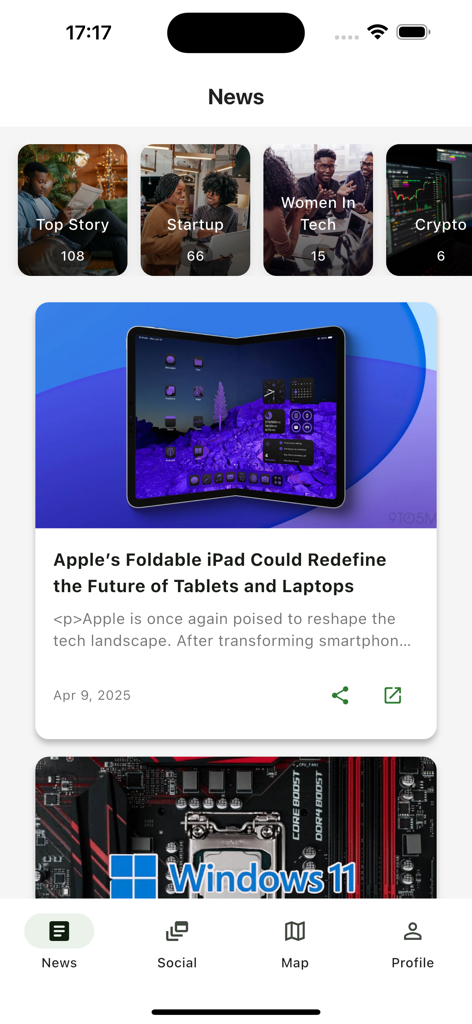 Interfaccia dell'app mobile di Rwanda Tech News che mostra categorie per startup e crypto con un articolo in evidenza su un iPad pieghevole