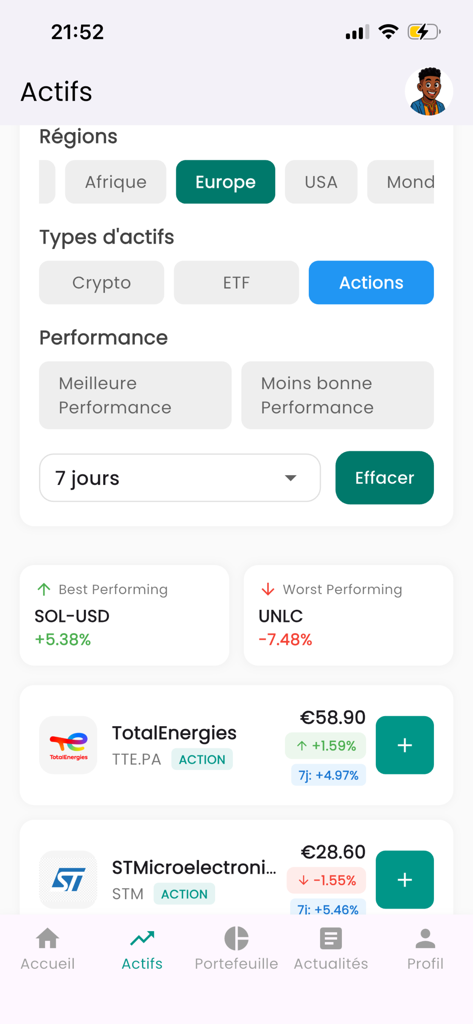 PlayInvest.HD - PlayInvest.HD mobile interface showing stock market assets and regional performance tracking