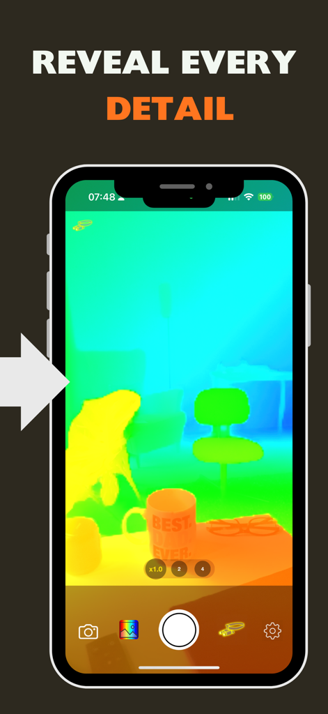 Night Vision - Thermal Camera - Smartphone screen displaying the thermal depth vision mode of the Night Vision app