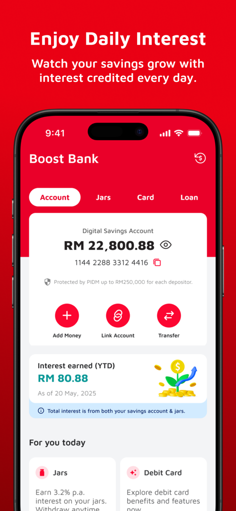 Boost Bank mobile app interface showing digital savings account balance and daily interest earned