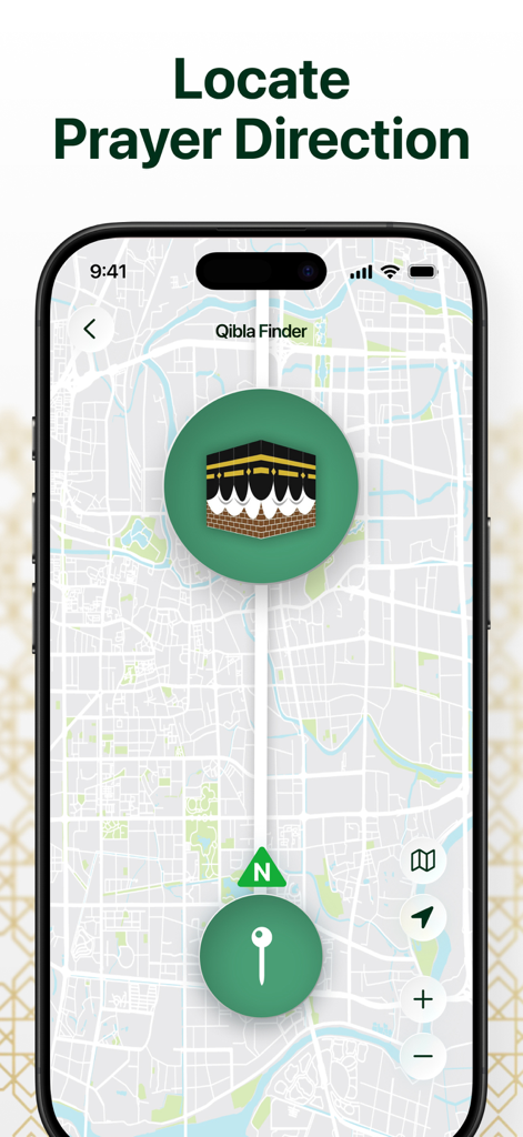 Qibla Finder & Mecca Compass - Un smartphone affichant une interface de carte avec une ligne pointant vers la Kaaba pour montrer la direction de la Qibla.