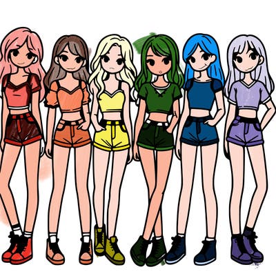 a group of girls wearing crop tops and shorts