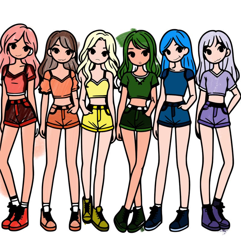 a group of girls wearing crop tops and shorts