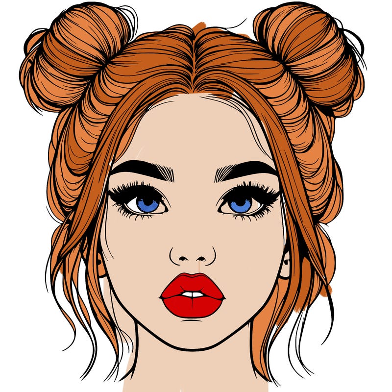 realistic girl with two buns on her hair and lips