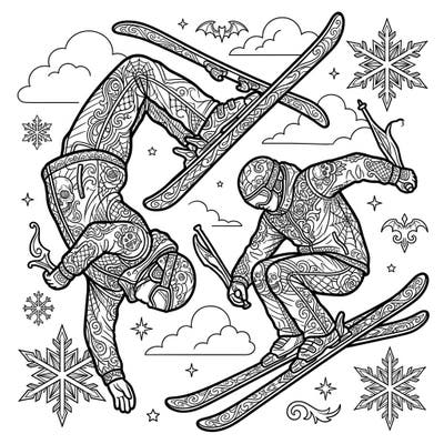 Experience the thrilling fusion of extreme winter sports and dark elegance with this unique Gothic Freestyle Skiers coloring page. Featuring two dynamic skiers adorned with intricate patterns of skulls, spiderwebs, and Victorian-inspired motifs, ready for your creative touch.
