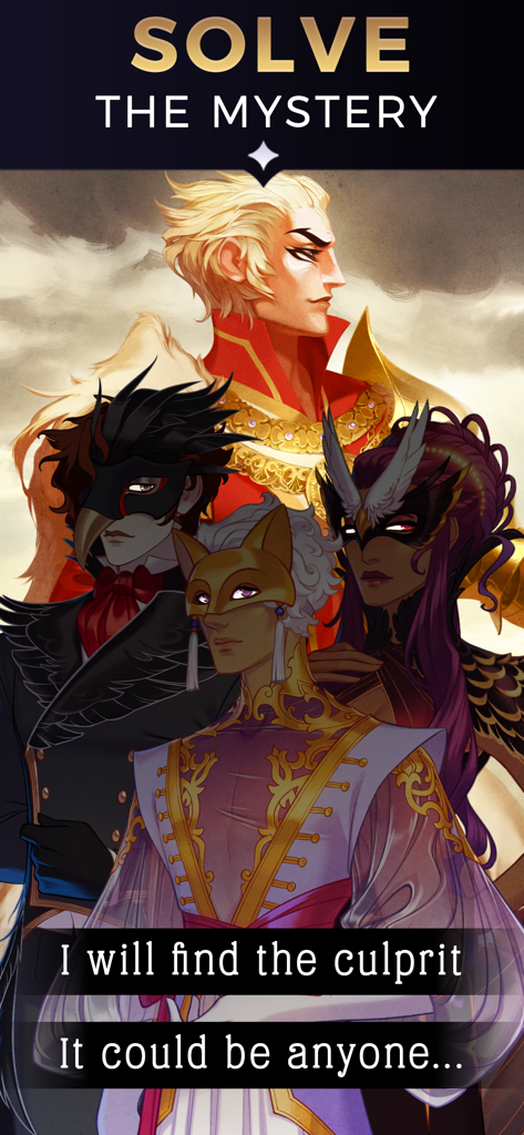 The Arcana: A Mystic Romance - A group of masked characters in elaborate fantasy costumes from The Arcana visual novel with the text Solve the Mystery