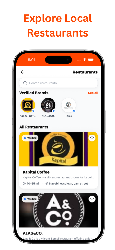 Interface do aplicativo Dhadhan mostrando uma lista de restaurantes somalis locais verificados para descoberta.