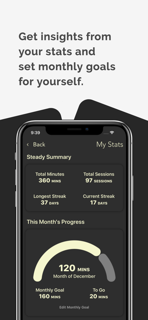 Dashboard of the Steady app showing breathing session statistics and monthly goals progress