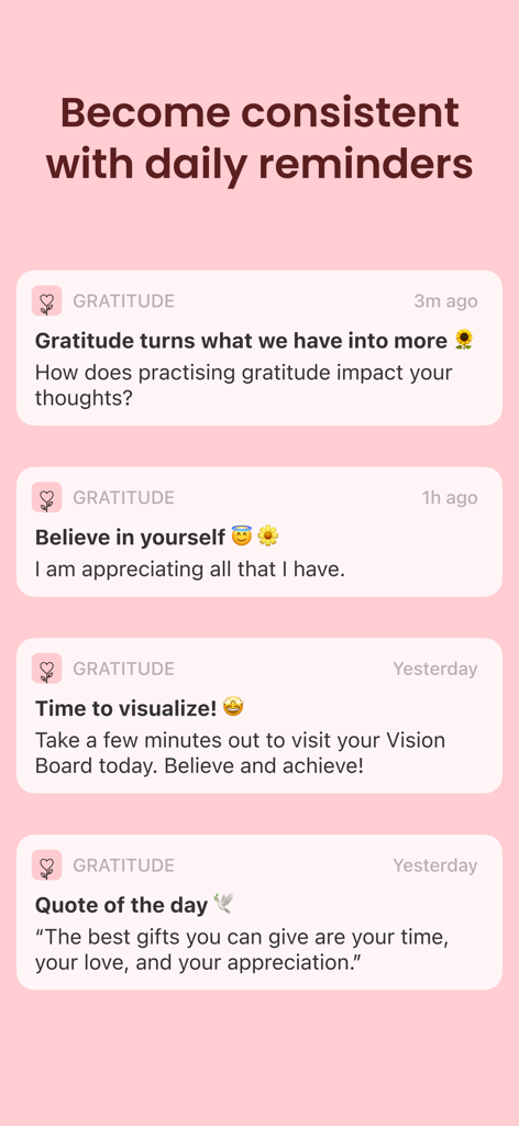 Beispiele für tägliche Push-Benachrichtigungen der Gratitude-App, die Journal-Prompts und Affirmationen auf einem rosafarbenen Hintergrund zeigen.