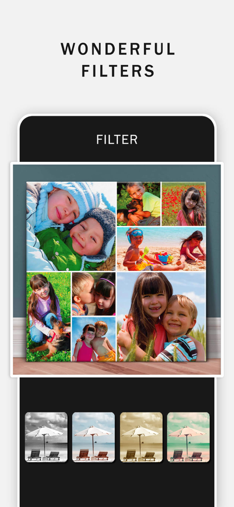 Photo Shape Collage Maker. - Photo Shape Collage Maker app interface showing various filter options for a family photo collage