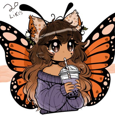 a realistic butterfly/furry girl drinking boba