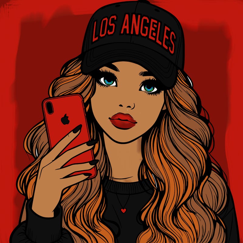 realistic beautiful girl wearing los ángeles cap holding an iphone