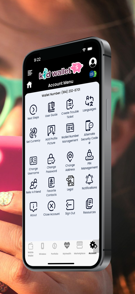Kid Wallet - Kid Wallet app interface showing the account menu with various settings like security and profile management