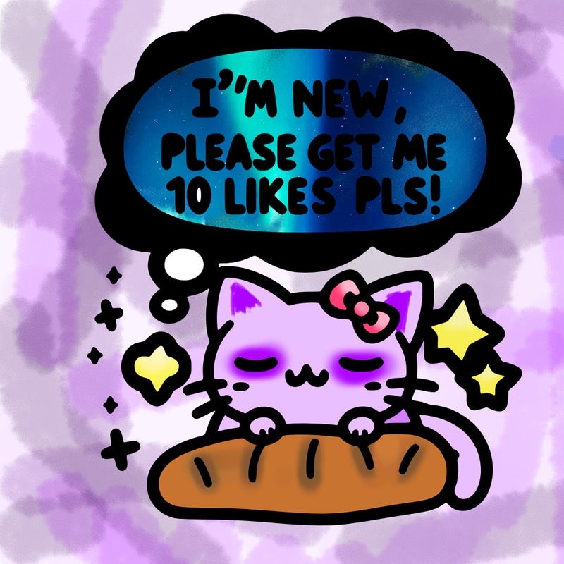 kitty taking a nap dream talking and saying "i'm new, please get me at least 10 likes pls!!"