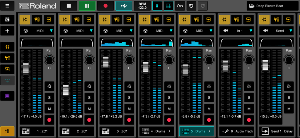 Roland Zenbeats - The Roland Zenbeats music creation app showing a multi-track mixer interface with faders and level meters.