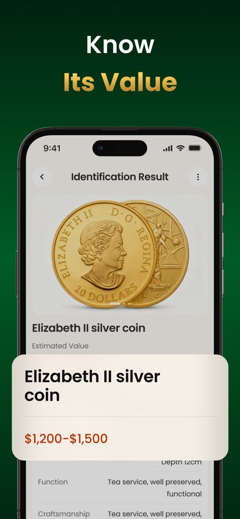 Schermata dell'app mobile che mostra il risultato dell'identificazione di una moneta con il valore di mercato stimato per una moneta d'argento di Elisabetta II