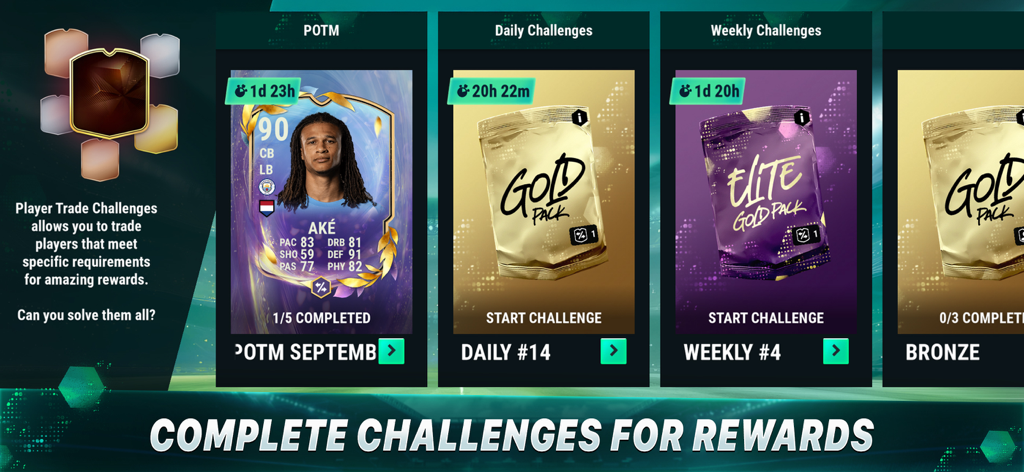 In-game screen of Ultimate Football Manager showing various player trade challenges and rewards including player packs and elite cards.
