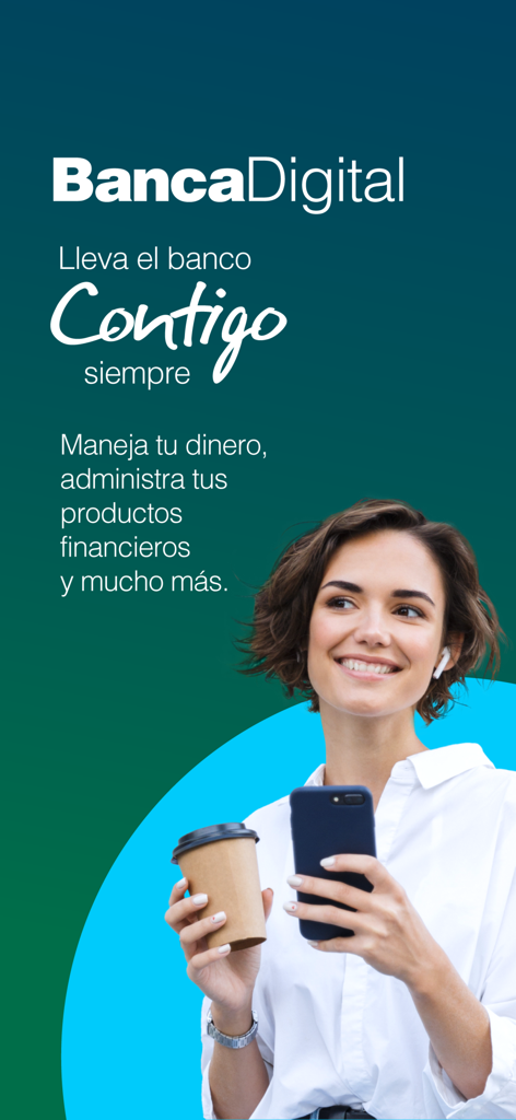 A woman using the Banesco Panama mobile banking app while holding a cup of coffee