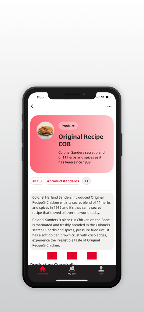 Pantalla de la aplicación KFC The Vault que muestra los estándares del producto de pollo Original Recipe y los detalles de preparación para los empleados.
