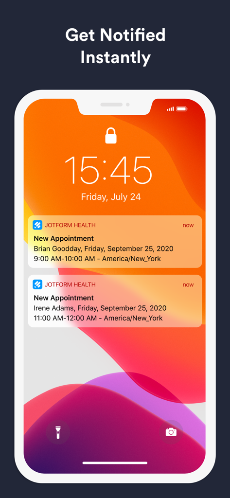 Smartphone lock screen showing push notifications for new patient appointments from the Jotform Health app
