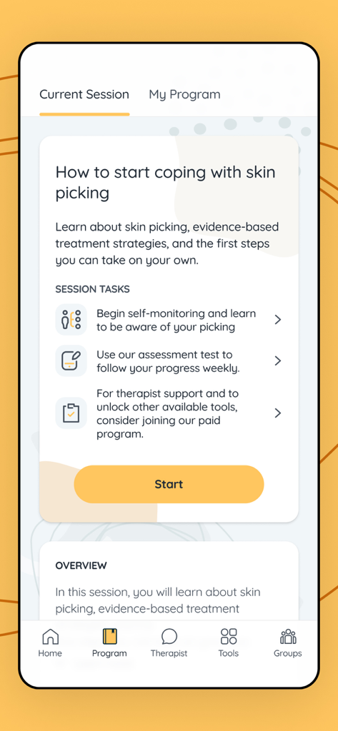 Interface of the Skinpick app showing the current session tasks and steps to start coping with skin picking