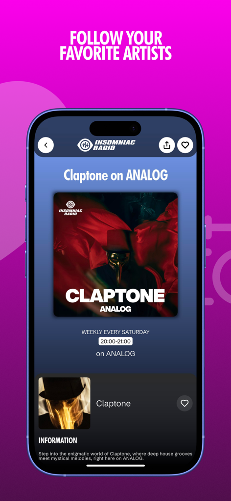 Artist profile page for Claptone on the Insomniac Radio mobile app