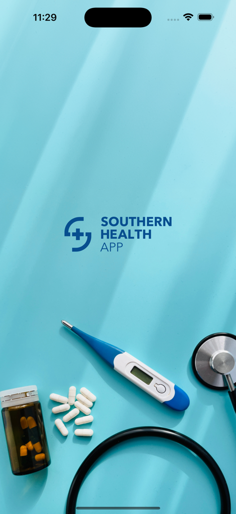 Southern Health App - Southern Health App logo on a blue background with a stethoscope, thermometer and medicine bottle