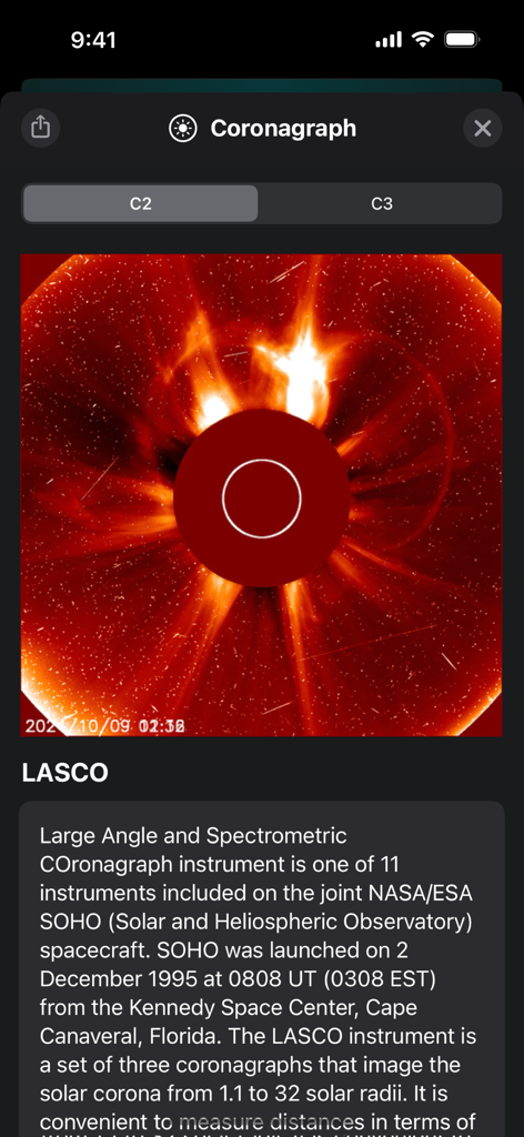 Real-time LASCO coronagraph view of the sun's corona and solar activity within the app.