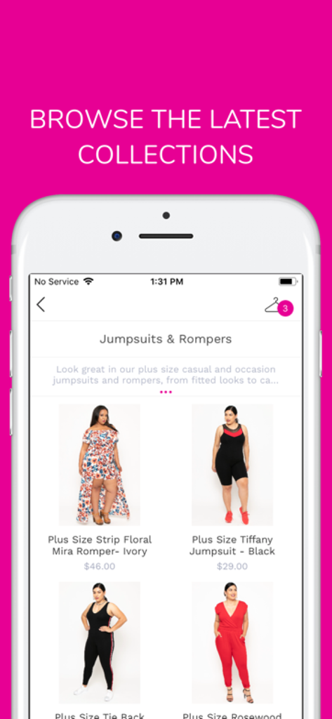 Curvy Sense - Mobile screen showing the Curvy Sense app with plus size jumpsuits and rompers collection